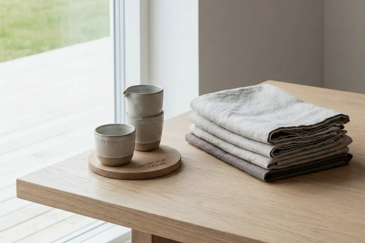 Tasses en grès et linge plié sur une table de bois clair près d’une baie