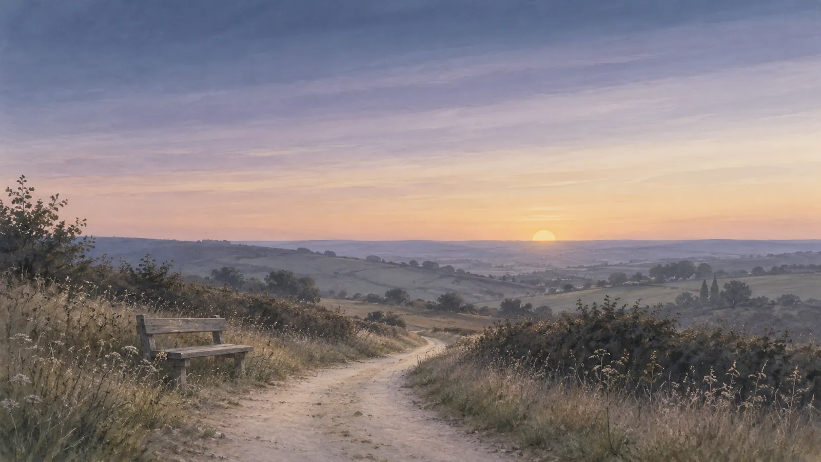 Chemin de terre vers l’horizon au crépuscule, banc de bois au bord du chemin