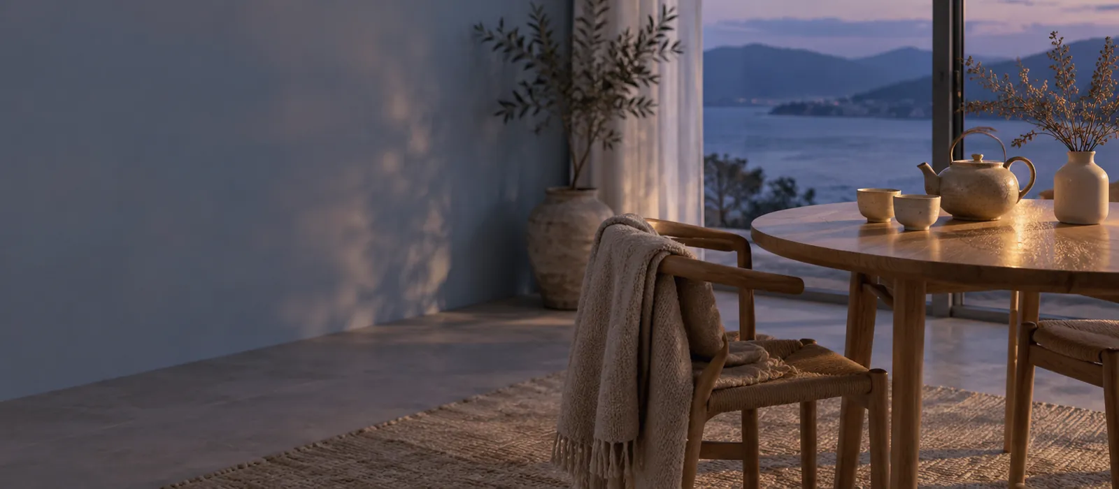 Table en bois, théière et tasses devant la baie, au crépuscule